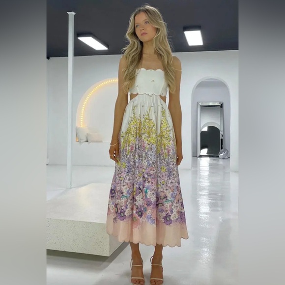 ZIMMERMANN JUDE SCALLOP MIDI DRESS IN PEACH GRADIENT FLORAL ZIMM SIZE 2 /AU 10 - Picture 6 of 14